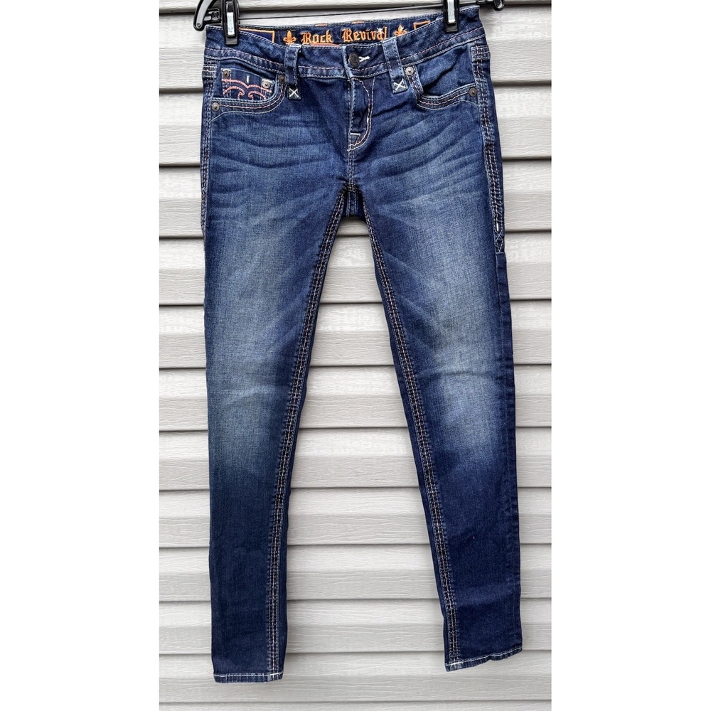 Rock Revival Alivia Skinny Jeans Women's 27x32 Blue Wash Embroidered